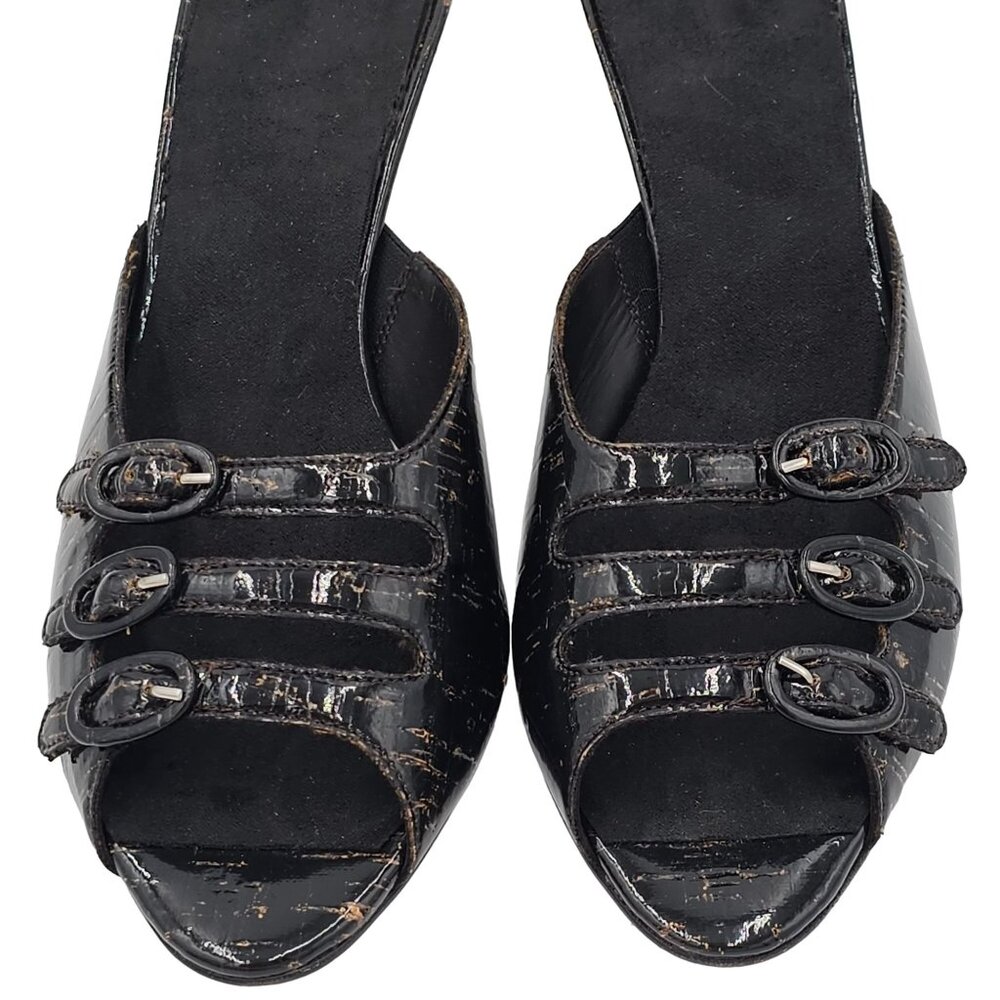 Donald Pliner Italy Womens 9.5 Black Patent Cork Open-toe Slide Dress Shoe Heels - Picture 4 of 15